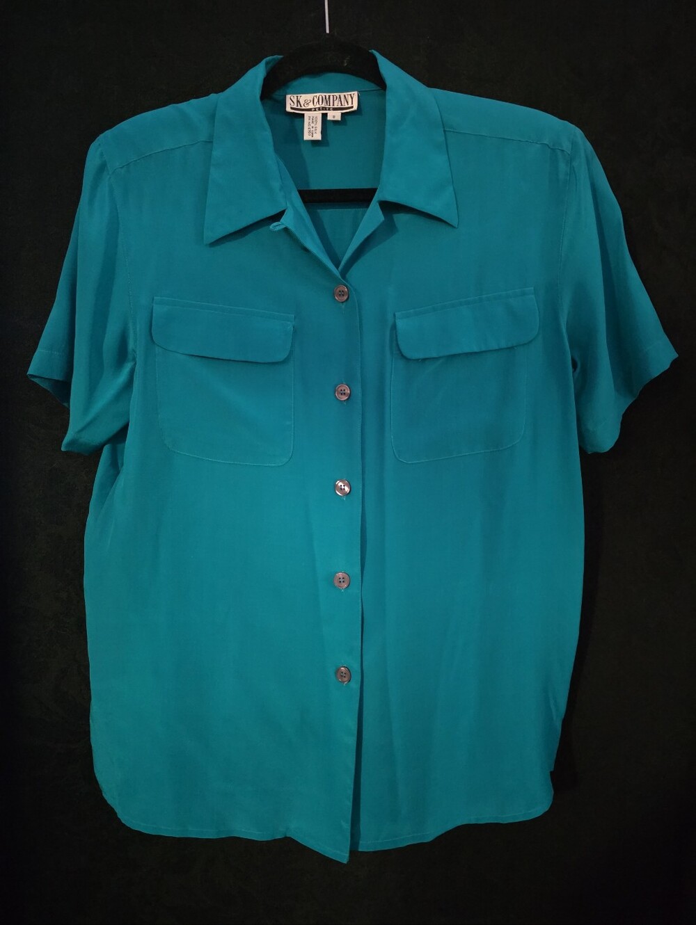SK &  Company 100% Silk Green Women's Short Sleeve Blouse Size 8 Button Up Shirt